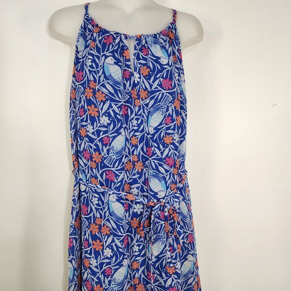 Old Navy Womens Long Maxi Dress Medium Halter Blue Floral Birds Ties Beachy Boho - Picture 3 of 8